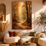 Autumn Forest Path Landscape Wall Art Canvas Print showcased in an elegant minimalist interior
