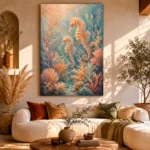 Coral Seahorses Underwater Wall Art Canvas Print showcased in an elegant minimalist interior