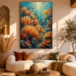 Clownfish Coral Reef Underwater Wall Art Canvas Print showcased in an elegant minimalist interior