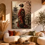Red Kimono Sakura Garden Japanese Geisha Art Canvas Print showcased in an elegant minimalist interior