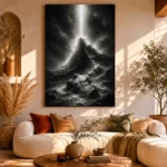 Stormlit Sea Rock Monochrome Wall Art Canvas Print showcased in an elegant minimalist interior