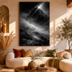 Mistbound Mountain Observatory Monochrome Wall Art Canvas Print showcased in an elegant minimalist interior