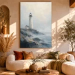 Coastal Lighthouse Dining Room Wall Art Canvas Print showcased in an elegant minimalist interior