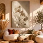 Minimal White Orchid Flower Wall Art Canvas Print showcased in an elegant minimalist interior