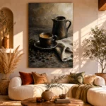 Espresso Still Life Kitchen Wall Art Canvas Print showcased in an elegant minimalist interior