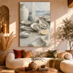 Coastal Oyster Still Life Kitchen Wall Art Canvas Print showcased in an elegant minimalist interior
