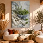 Porcelain Herb Still Life Kitchen Wall Art Canvas Print showcased in an elegant minimalist interior