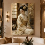 Ivory Kimono Portrait Japanese Geisha Art Canvas Print - Image 4