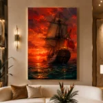 Crimson Tall Ship Sea Wall Art Canvas Print - Image 3