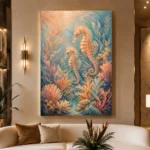 Coral Seahorses Underwater Wall Art Canvas Print displayed in a contemporary gallery-inspired room