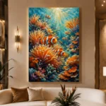 Clownfish Coral Reef Underwater Wall Art Canvas Print displayed in a contemporary gallery-inspired room