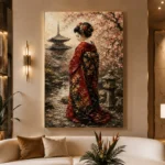 Red Kimono Sakura Garden Japanese Geisha Art Canvas Print displayed in a contemporary gallery-inspired room