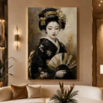 Black Kimono Fan Japanese Geisha Art Canvas Print - Image 3