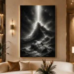 Stormlit Sea Rock Monochrome Wall Art Canvas Print displayed in a contemporary gallery-inspired room