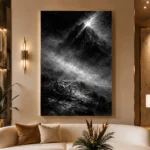 Mistbound Mountain Observatory Monochrome Wall Art Canvas Print displayed in a contemporary gallery-inspired room