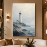 Coastal Lighthouse Dining Room Wall Art Canvas Print displayed in a contemporary gallery-inspired room