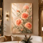 Peach Carnation Bouquet Flower Wall Art Canvas Print displayed in a contemporary gallery-inspired room