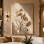 Minimal White Orchid Flower Wall Art Canvas Print displayed in a contemporary gallery-inspired room