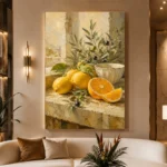 Citrus Olive Still Life Kitchen Wall Art Canvas Print displayed in a contemporary gallery-inspired room