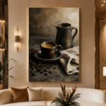 Espresso Still Life Kitchen Wall Art Canvas Print displayed in a contemporary gallery-inspired room