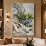 Porcelain Herb Still Life Kitchen Wall Art Canvas Print displayed in a contemporary gallery-inspired room