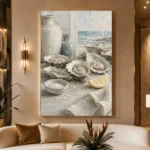 Coastal Oyster Still Life Kitchen Wall Art Canvas Print displayed in a contemporary gallery-inspired room