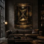 Antique Hourglass Dark Academia Wall Art Canvas Print shown in a warm modern interior