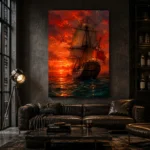 Crimson Tall Ship Sea Wall Art Canvas Print - Image 4