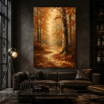 Autumn Forest Path Landscape Wall Art Canvas Print shown in a warm modern interior