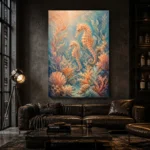 Coral Seahorses Underwater Wall Art Canvas Print shown in a warm modern interior