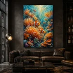 Clownfish Coral Reef Underwater Wall Art Canvas Print shown in a warm modern interior