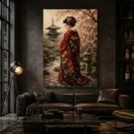 Red Kimono Sakura Garden Japanese Geisha Art Canvas Print shown in a warm modern interior