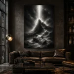 Stormlit Sea Rock Monochrome Wall Art Canvas Print shown in a warm modern interior
