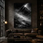 Mistbound Mountain Observatory Monochrome Wall Art Canvas Print shown in a warm modern interior
