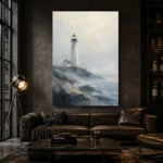 Coastal Lighthouse Dining Room Wall Art Canvas Print shown in a warm modern interior