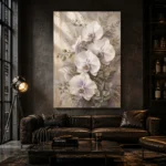 White Orchid Bouquet Flower Wall Art Canvas Print shown in a warm modern interior