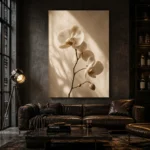 Minimal White Orchid Flower Wall Art Canvas Print shown in a warm modern interior
