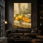 Citrus Olive Still Life Kitchen Wall Art Canvas Print shown in a warm modern interior