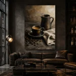 Espresso Still Life Kitchen Wall Art Canvas Print shown in a warm modern interior