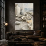 Coastal Oyster Still Life Kitchen Wall Art Canvas Print shown in a warm modern interior