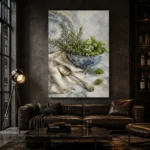 Porcelain Herb Still Life Kitchen Wall Art Canvas Print showcased in an elegant minimalist interior
