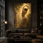 Sunlit Garden Figure Classical Nude Wall Art Canvas Print shown in a warm modern interior