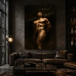 Chiaroscuro Male Figure Classical Nude Wall Art Canvas Print shown in a warm modern interior