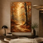 Autumn Forest Path Landscape Wall Art Canvas Print presented in a sophisticated home setting