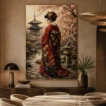 Red Kimono Sakura Garden Japanese Geisha Art Canvas Print presented in a sophisticated home setting