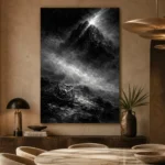 Mistbound Mountain Observatory Monochrome Wall Art Canvas Print presented in a sophisticated home setting