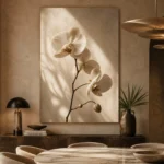 Minimal White Orchid Flower Wall Art Canvas Print presented in a sophisticated home setting