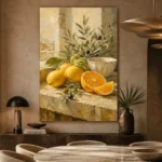 Citrus Olive Still Life Kitchen Wall Art Canvas Print presented in a sophisticated home setting