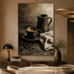 Espresso Still Life Kitchen Wall Art Canvas Print presented in a sophisticated home setting
