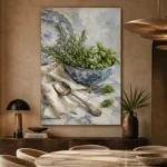 Porcelain Herb Still Life Kitchen Wall Art Canvas Print presented in a sophisticated home setting